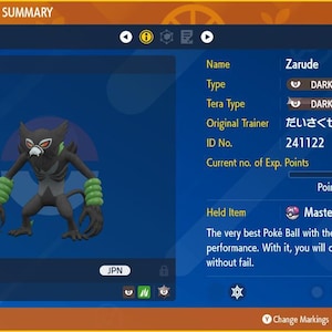 Könnte beinhalten: Ein Pokémon-Statusübersichtsbildschirm mit Zarude, einem Pokémon vom Typ Unlicht und Pflanze. Zarude hat einen dunkelgrauen Körper mit grünen Akzenten und roten Augen. Der Bildschirm zeigt Zarudes Namen, Level und gehaltenes Item, einen Meisterball.