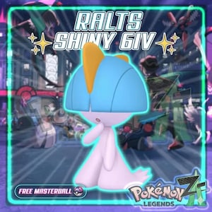 Op de afbeelding: Een digitale illustratie van een Ralts-personage met een blauw en gele kop en een wit lichaam. De afbeelding bevat de tekst "Ralts Shiny 6IV" en "Free Masterball". Het Pokémon Legends Z-logo is ook zichtbaar.