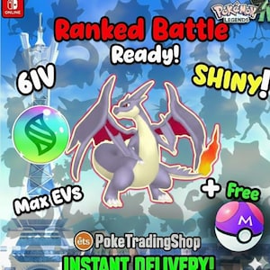 May include: A digital graphic featuring a shiny Charizard character with purple skin and a flaming tail. Text includes Ranked Battle Ready, 6IV, SHINY, Max EVs, Free, and PokeTradingShop Instant Delivery. A Mega Evolution icon and a Master Ball are visible.