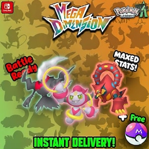 May include: A promotional image for a video game featuring three animated characters. The text includes "Mega Dimension", "Pokemon Legends", "Battle Ready", "Maxed Stats!", and "Instant Delivery!" The background is a gradient of green and yellow.