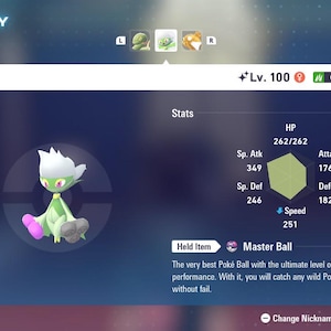 May include: A digital display showing a summary of a Roserade character from a video game. The character is green with white and pink accents. The screen displays stats, level, and held item, the Master Ball.