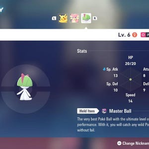 Op de afbeelding: Een digitaal scherm toont de Pokémon-samenvatting voor Ralts, van het type Psychic/Fairy, level 6. Statistieken zijn onder meer HP 20/20, Aanval 8, Verdediging 9, Snelheid 14, Sp. Aanv. 13 en Sp. Verded. 10. Het item is een Master Ball.