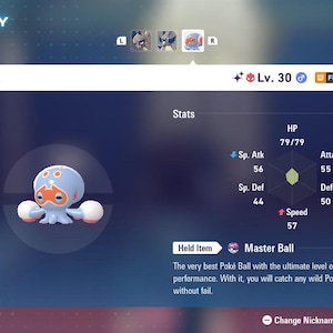 May include: A screen displays a summary of a Clobbopus, a blue and orange creature, with its stats, level 30, and the held item, a Master Ball. The text reads "The very best Poké Ball with the ultimate level of performance."