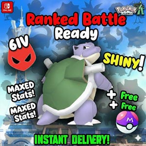 May include: A digital graphic promoting a video game. It features a purple and green turtle-like creature, text that reads "Ranked Battle Ready," and the word "Shiny!" in yellow. Other text includes "Maxed Stats!" and "Instant Delivery!"