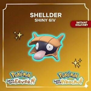 Puede incluir: Gráfico digital con un personaje de dibujos animados Shellder con una concha marrón, cuerpo azul oscuro y lengua rosa. El texto "SHELLDER SHINY 6IV" está en la parte superior. La imagen tiene un fondo dorado con el logo "Pokemon Let's Go".