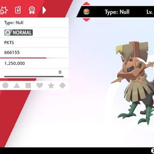 May include: A digital interface displaying the Pokémon Type: Null at level 100. The creature features a tan helmet-like headpiece, a beige neck ruff, dark grey body, and green clawed feet. The screen shows stats including ID No. 666155 and Pokérus status.