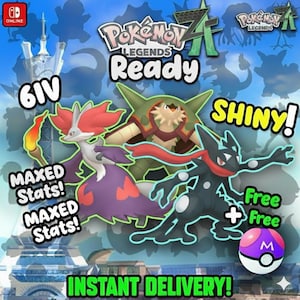 May include: A promotional image for Pokemon Legends featuring three illustrated characters. Text includes "Ready", "Shiny!", "Maxed Stats!", and "Instant Delivery!". A purple and white Poke Ball is also shown.