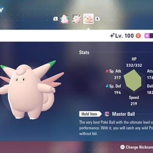 May include: A digital display showing a Clefable character from a video game. The pink, fairy-type creature has green-tipped ears and pink wings. The screen displays stats, including HP, Attack, and Speed, and the held item is a Master Ball.