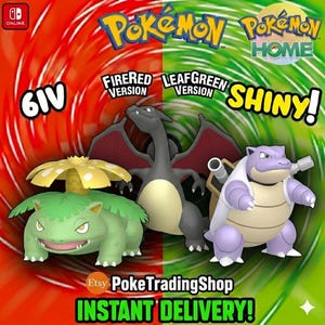 Può includere: Immagine promozionale per i giochi Pokémon con i testi "Pokemon" e "Pokemon Home". L'immagine presenta tre personaggi Pokémon: Venusaur, Charizard e Blastoise. Lo sfondo è diviso tra rosso e verde con il testo "Shiny!" e "Instant Delivery!"