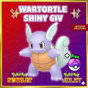 May include: A digital graphic featuring a Wartortle character in shades of purple, orange, and green. Text includes "Wartortle Shiny 6IV" and "Instant Delivery". The image also includes the logos for "Pokemon Scarlet" and "Pokemon Violet".