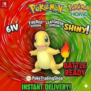 May include: A digital graphic featuring a yellow Charmander character from the Pokémon franchise. The background is split red and green with text that reads "Shiny!" and "Battle Ready". The image also includes the text "FireRed Version" and "LeafGreen Version".