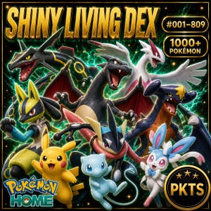 Op de afbeelding: Een digitale afbeelding met de titel SHINY LIVING DEX #001-809 met 1000+ Pokémon. De afbeelding toont diverse kleurrijke wezens, waaronder een zwarte Rayquaza, een zwarte Charizard, een witte Lugia, een gele Pikachu, een blauwe Mew en een Sylveon.