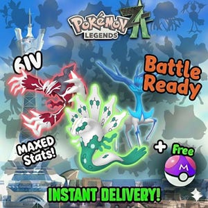 May include: A promotional image for Pokemon Legends featuring three illustrated creatures. Text includes "6IV", "MAXED Stats!", "Battle Ready", and "INSTANT DELIVERY!" A purple and white Poke Ball is also shown.