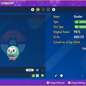 May include: A digital Pokémon status summary screen displaying a shiny Rowlet at level 1. The interface shows the name Rowlet, Grass and Flying types, Grass Tera type, original trainer PKTS, ID number 666155, and 0 current experience points.