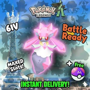 Op de afbeelding: Een digitale afbeelding met een roze en grijze Pokémon-personage met een gloeiende omtrek. Tekst bevat "Pokemon Legends Z", "Battle Ready", "Maxed Stats!" en "Instant Delivery!". Een paarse en witte Poké Ball wordt ook getoond.