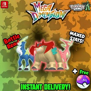 May include: A promotional image for a video game featuring three animated creatures. The image includes the text "Mega Dimension," "Pokemon Legends," "Battle Ready," "Maxed Stats," and "Instant Delivery!" A purple and white Poke Ball is also shown.