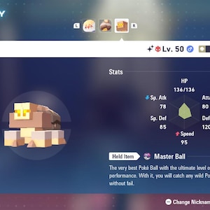 May include: A digital display showing a Pokémon named Naclstacks, level 50, with Rock type. The stats include HP, Attack, Defense, and Speed. The held item is a Master Ball. The background is a gradient of blue.