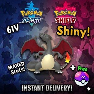 Può includere: Grafica digitale con un Charizard grigio con ali rosse e una coda di fiamma, con la scritta "Shiny!". L'immagine include i loghi "Pokemon Sword" e "Pokemon Shield", insieme a "6IV", "MAXED Stats!" e "INSTANT DELIVERY!"