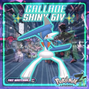 May include: A digital illustration of a Gallade character with blue, white, and orange accents, set against a futuristic background. The text "GALLADE SHINY 6IV" is displayed above the character, with "FREE MASTERBALL" and the "Pokémon Legends" logo at the bottom.