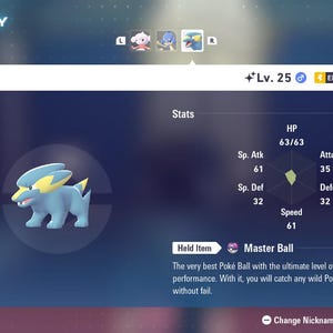 Puede incluir: Una captura de pantalla de la interfaz de un videojuego que muestra un resumen del personaje Electrike. El personaje es una criatura azul con forma de perro y detalles amarillos. La interfaz muestra estadísticas, nivel y un objeto Master Ball.