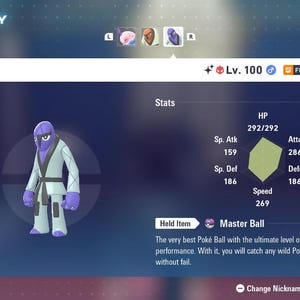 May include: A digital display showing a character named Sawk from a video game. Sawk is a purple humanoid figure wearing a white gi. The screen displays Sawk's stats, level, and the held item, a Master Ball.