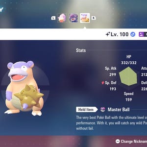 May include: A digital image of a Slowbro character from the Pokémon franchise. The character is tan and purple, holding a spiky object. The screen displays stats, level, and the held item, a Master Ball.