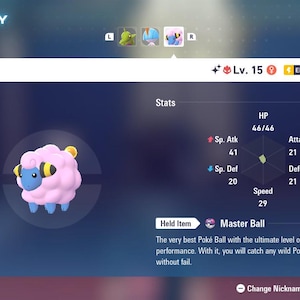 May include: A digital display showing a pink and blue Mareep character from the Pokémon series. The screen displays the character's stats, including HP, Attack, Defense, and Speed. The text "Master Ball" is also visible.