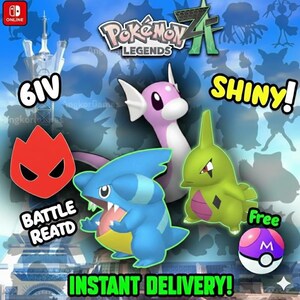 May include: A promotional image for "Pokemon Legends Z" featuring several animated characters. The image includes the text "6IV", "SHINY!", "BATTLE REATD", and "INSTANT DELIVERY!". A purple and white Poke Ball is also visible.