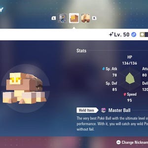 May include: A digital display showing a Pokémon named Naclstack, level 50, with Rock type. Stats include HP, Attack, Defense, and Speed. The held item is a Master Ball, described as the best Poké Ball.