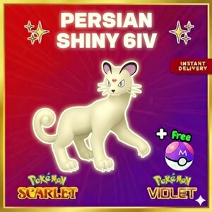 Puede incluir: Gráfico digital con un gato persa crema y una gema roja en la frente. El texto dice "PERSIAN SHINY 6IV" e "INSTANT DELIVERY". La imagen incluye los logotipos de "Pokémon Scarlet" y "Pokémon Violet".