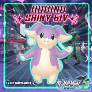 May include: A digital illustration of Audino Shiny Giv, a purple and cream-colored character with large ears and a smiling face. The image includes text that reads "Audino Shiny Giv" and "Free Masterball" with the Pokemon Legends logo.