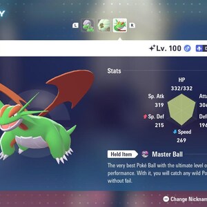 May include: A digital display showing a green Salamence character with red wings, green accents, and white claws. The screen displays stats, including HP, Attack, and Speed, along with the text "Master Ball."