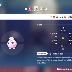 May include: A digital display showing the Pokémon Igglybuff, level 26, with stats including HP, Attack, Defense, and Speed. The image also displays the held item, a Master Ball, and its description.