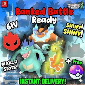 May include: A promotional image for a Pokemon game features several colorful Pokemon characters. Text includes "Ranked Battle Ready," "Shiny! Shiny!," and "Instant Delivery!" A red flame icon and a purple and white Poke Ball are also visible.