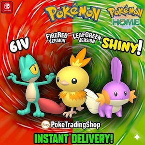 May include: A promotional image for Pokemon games with three animated characters set against a red and green swirled background. Text includes "Pokemon", "FireRed Version", "LeafGreen Version", and "Shiny!". The Etsy shop name and "Instant Delivery!" are also displayed.