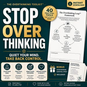 Overthinking Toolkit, Stop Overthinking Workbook Anxiety Relief PDF Racing Mind & Rumination Tools Calm Your Mind Brain Dump Worry Journal