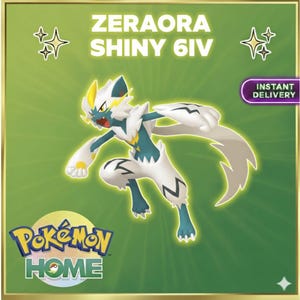 Può includere: Illustrazione digitale di Zeraora Shiny 6IV, un personaggio Pokémon, in posa dinamica. Il personaggio è principalmente bianco, verde acqua e giallo, con un'espressione feroce. Il testo "Zeraora Shiny 6IV" e "Consegna immediata" è incluso. È visibile anche il logo di Pokémon Home.