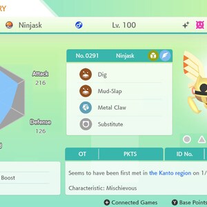 Pode incluir: Uma captura de tela digital de um jogo Pokémon mostrando um Pokémon Ninjask de nível 100. O Pokémon tem um gráfico de estatísticas em forma de hexágono azul, cinza e branco com as seguintes estatísticas: PV 264, Ataque 216, Defesa 126, Ataque Especial 199, Defesa Especial 136 e Velocidade 419. Os movimentos do Pokémon são Cavar, Ataque de Lama, Garra de Metal e Substituto. A natureza do Pokémon é Firme, sua habilidade é Aumento de Velocidade e ele não está segurando nenhum item. O Pokémon foi encontrado pela primeira vez na região de Kanto em 1/3/2024. O número de identificação do Pokémon é 46635.