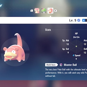 May include: A digital display showing a pink cartoon character named "Yadon" with stats, level, and a "Master Ball" item. The character is pink with a beige snout and a long, curved tail. The display has a blue and white background.