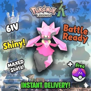 Op de afbeelding: Digitale afbeelding met een roze en grijs personage uit het spel Pokémon Legends. Tekst bevat "6IV Shiny! MAXED Stats! Battle Ready! + Free Instant Delivery!" Een paarse en witte Poké Ball wordt ook getoond.