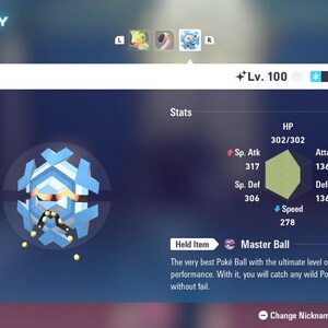 May include: A screen capture of a video game summary screen. The screen displays a Cryogonal character with a blue and white snowflake design. The character's stats, including HP, Attack, and Defense, are listed. The held item is a Master Ball.