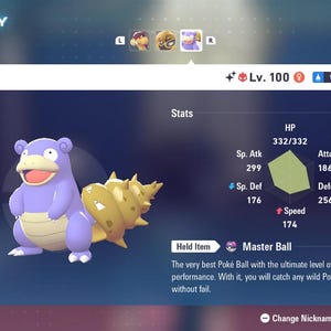 May include: A digital summary screen displays a purple Slowbro character with a yellow tail. The screen shows stats including HP, Attack, Defense, and Speed. The text "Master Ball" is also visible.