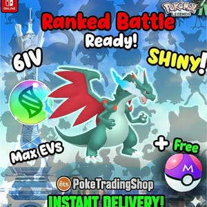 Op de afbeelding: Een promotionele afbeelding voor een Pokémon-game met een groen en rood draakachtig wezen. Tekst bevat "Ranked Battle Ready!" en "Shiny!" samen met "Max EVS" en "6IV". Een paarse en witte Poké Ball is ook afgebeeld.