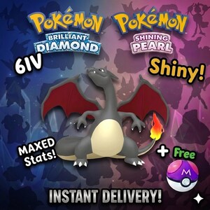 Può includere: Grafica digitale con un Charizard grigio con ali rosse, una coda infuocata e la scritta "Shiny!". L'immagine include anche il testo "Pokemon Brilliant Diamond" e "Pokemon Shining Pearl". Viene mostrata anche una Poké Ball gratuita.