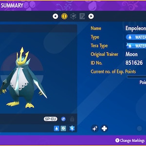 Puede incluir: Un personaje de Pokémon Empoleon azul y blanco con una corona en la cabeza. El Pokémon es de nivel 100 y de tipo Agua y Acero. El entrenador original del Pokémon es Luna y su número de identificación es 851626. El Pokémon tiene 1.059.860 puntos de experiencia.