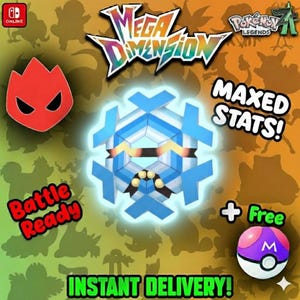 May include: A promotional image for a video game featuring a central blue and white geometric design with a glowing effect. The text "Mega Dimension" and "Pokemon Legends" are visible. Additional text includes "Maxed Stats!", "Battle Ready", and "Instant Delivery!"