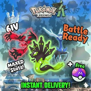 Op de afbeelding: Promotieafbeelding voor "Pokémon Legends Z" met drie geanimeerde wezens, met de tekst "6IV", "Maxed Stats!", "Battle Ready" en "Instant Delivery!". Er wordt ook een paarse en witte Poké Ball getoond.