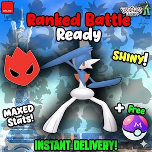 May include: A digital graphic featuring a blue and white Pokemon character with the text "Ranked Battle Ready" and "Shiny!". Other text includes "Maxed Stats!" and "Instant Delivery!". A red flame icon and a purple and white Poke Ball are also present.