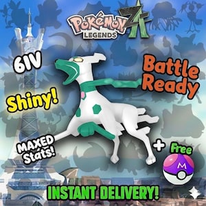 May include: A digital illustration featuring a white and green canine-like creature with the text "Pokemon Legends" and "Battle Ready". Additional text includes "6IV", "Shiny!", "MAXED Stats!", and "Instant Delivery!" A purple and white ball is also shown.