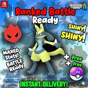 May include: A promotional image for a Pokemon game featuring a Lucario character in yellow and blue. Text includes "Ranked Battle Ready," "Shiny," and "Maxed Stats!" A purple and white Poke Ball is also shown. The background features a cityscape.